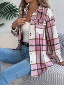 Chaqueta informal de manga larga de color rosa con cuello alto, un bolsillo y botones sencillos, de estilo casual de bloque de color y cuadros, para mujeres en temporada navideña e invernal - Rosa - Ver 6