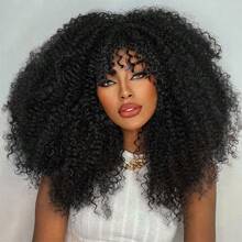 Curly Wigs For Women Afro Bomb Curly Wig With Bangs Synthetic Fiber Glueless Long Kinky Curly Hair - Màu đen tự nhiên - Xem 2