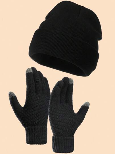 2 件套男士冬季帽子和手套，防风滑雪帽针织帽，情侣休闲帽家庭帽，黑色
