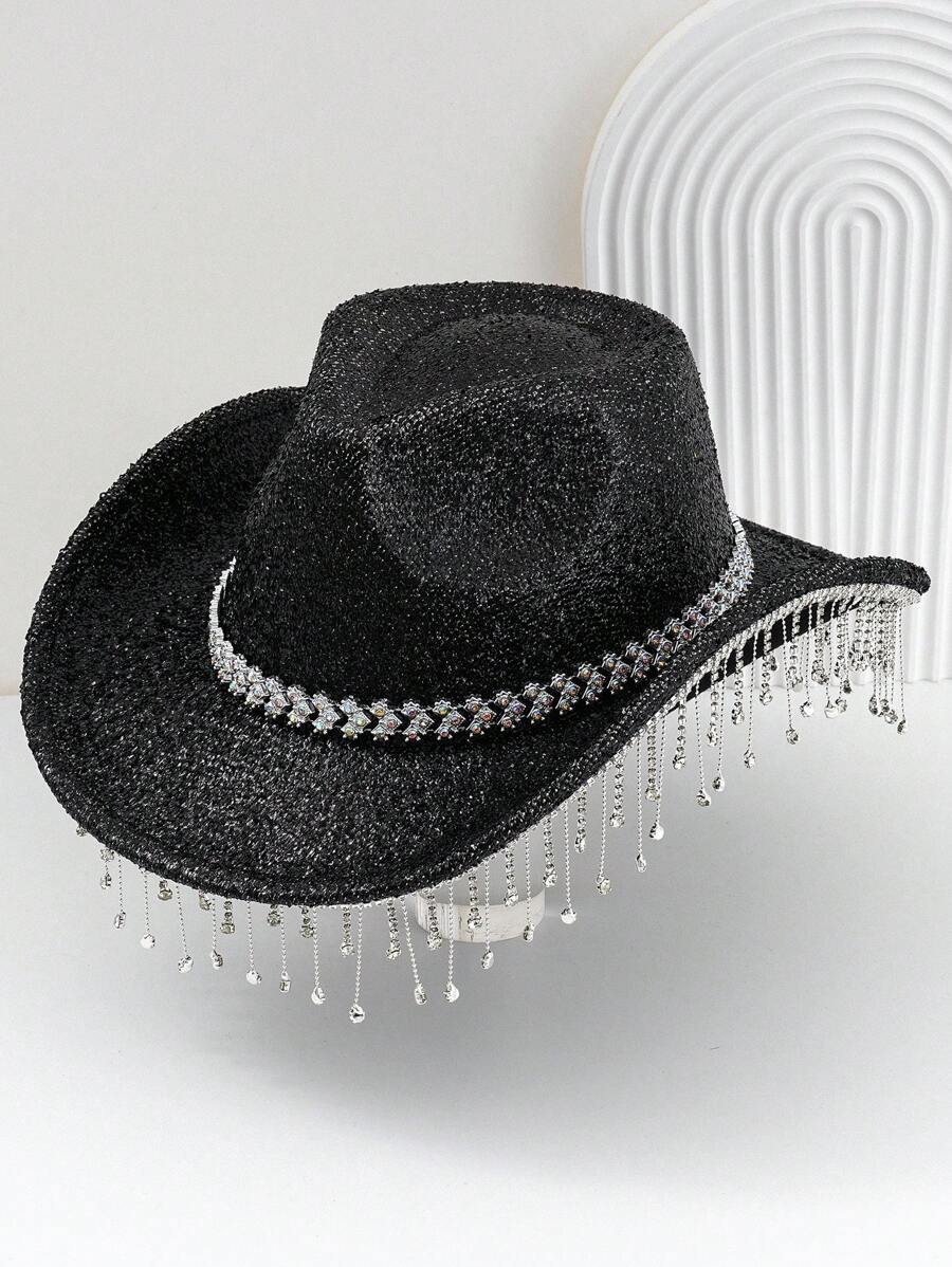 1pc Unisex Shiny Solid Color Cowboy Hat With Unique Heart-Shaped Rhinestone Embellished Belt Strap And Glitter Tassel, Suitable For Girlcore, Vintage, Floral, Spring/Summer Bright Colors, Pink Aesthetic, Punk Style Wide-Brim Hat, Street Fashion, 2024 Wedding Essentials, Classy Aesthetic, Dinner Party Essentials, Suitable For Parties, Western Themed Events, Gatherings - Gem - View 1