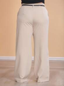 Plus Size Fashion Long Trousers With Belt And Pockets - Beige - View 4