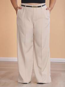 Plus Size Fashion Long Trousers With Belt And Pockets - Beige - View 1
