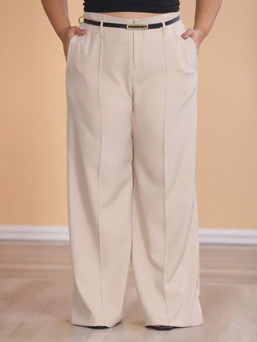 Plus Size Fashion Long Trousers With Belt And Pockets - Beige - View 1