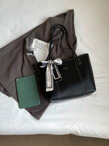 Bolso de mano con bolsillos con cremallera de gran capacidad, de unicolor retro de PU y seda, con decoración de pañuelo para mujer. Nuevo bolso de hombro de gran capacidad para otoño/invierno. Cartera con lazo de moda para mujer. Bolso de trabajo llamativo para mujer.