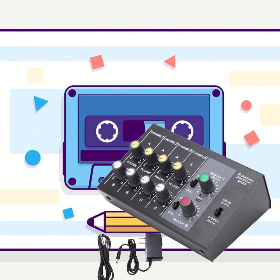 'Music Console 8Track Audio Mixer, Stereo And Mono Switching, Ultra