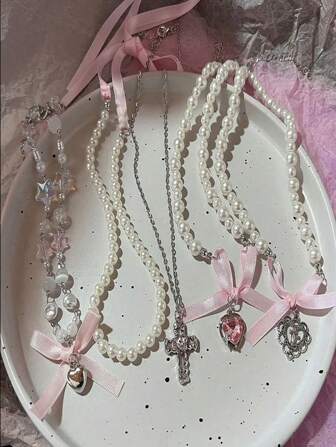 5 Stücke/Set Süßes Mädchen Ballett Stil Mädchen Halskette Rosa Y2K Stil Süße Schleife Frauen Halskette Set Liebes Anhänger Frauen Schlüsselbein Kette Valentinstag