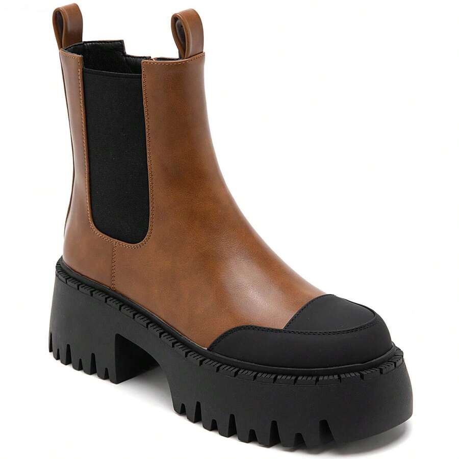 Ankle Boots With Thick, Notched Soles – Bold, Contrasting Design - Camel - View 1