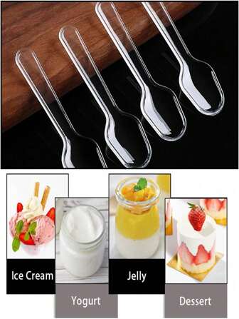 100/200/300/500pcs Clear Plastic Mini Spoons, Ice Cream, Dessert Spoon, Coffee Spoon, Party Serving, Reusable, Suitable For Wedding, Festival, Gathering, Cake, Dessert, Coffee & Fruit Salad Sampling Spoons , For Halloween Or Christmas Party