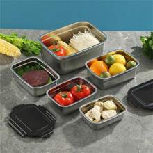 1 件不锈钢盖便当盒，学生午餐盒，水果蔬菜食品密封盒，冰箱密封防漏保鲜，学校用品 - 黑色 - 查看 8