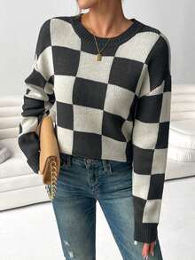Áo len chui đầu đơn giản cổ tròn tay dài kẻ caro, mặc thường ngày - màu đen - Xem 4