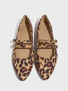 女士尖头平底鞋，休闲办公穿着黑色皮革乐福鞋，软底舒适玛丽珍豹纹鞋 - 豹紋 - 查看 5