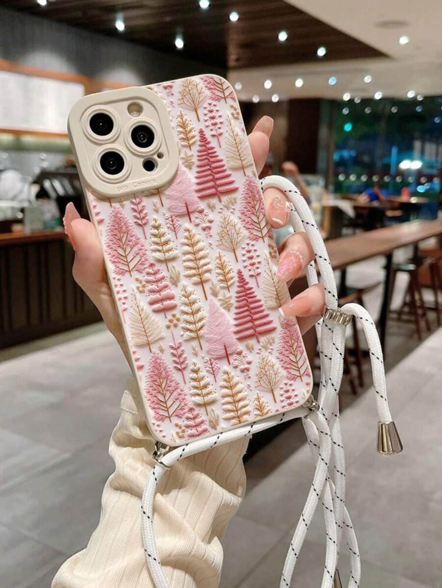 Apple Precision Perforated Edge Roze Kerstboom Geschilderd Zacht Beschermend Telefoonhoesje Met Witte Ophangband, Compatibel Met IPhone 14 Pro Max, 13, 11, XR, 7/8, Galaxy S24, A03s, A04, A12, A13, A14, A21s, A22, A23, A24, A32, A33, A34, A51, A52, A53, A54, A71, A72, A73, S20 FE, S21, S22, Redmi 9, 9A, 10A, 10C, Note 9, Note 10, Note 11, Note 12, 12, 12C