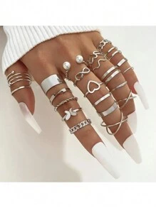 22pcs/Set Knuckle Open Joint Rings Set Including Heart Shape & Butterfly Design Rings For Women Valentines,Mom,Mother,Mother's Day,Gift - Silver - View 2