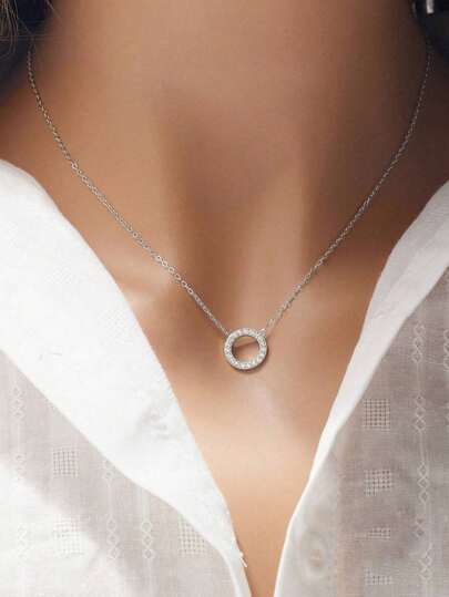 1pc Simple Circular Cubic Zirconia Necklace Ladies Jewelry For Women 925 Sterling Silver Charm Clavicle Necklace Fine Jewelry Gifts For Girls Daily Life Dating Decor