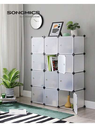  SONGMICS 12-Cube Storage Unit, Shoe Rack, Stackable Cubes, Plastic Closet Cabinet, Wardrobe, With Doors, For Bedroom, Office, Easy To Assemble, White