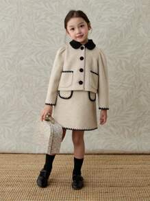 Toamna/Iarna 2024 Nou costum 2 buc pentru fetiță, jachetă cu guler Peter Pan și fustă brodată în formă de A - Caisă - Vizualizare 1