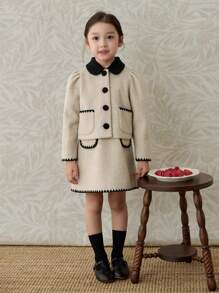 Toamna/Iarna 2024 Nou costum 2 buc pentru fetiță, jachetă cu guler Peter Pan și fustă brodată în formă de A - Caisă - Vizualizare 2
