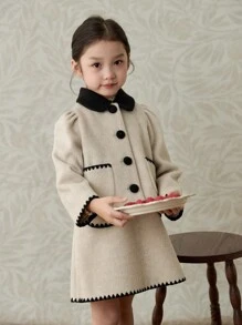Toamna/Iarna 2024 Nou costum 2 buc pentru fetiță, jachetă cu guler Peter Pan și fustă brodată în formă de A - Caisă - Vizualizare 4