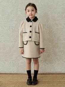 Toamna/Iarna 2024 Nou costum 2 buc pentru fetiță, jachetă cu guler Peter Pan și fustă brodată în formă de A - Caisă - Vizualizare 5