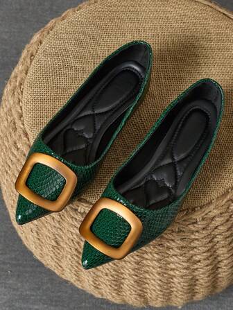 WHDXY Moderiktiga platt franska retro fyrkantiga spänne grön spets tå Mjuk botten Bekväma arbetslöpare Elegant dam mjukt läder platta skor