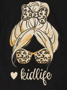 Bộ 2 món/Bộ áo nỉ cổ tròn in hình hoạt hình cho bé gái và quần ống loe họa tiết da báo thời trang, Thu/Đông - màu đen - Xem 4