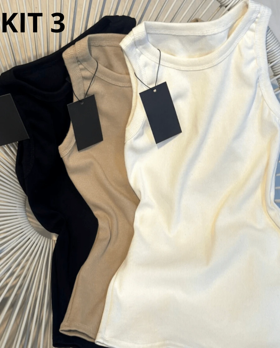 KIT 3 Basic Women's Tank TopsGreeting Fashion Elegant Ribbed Premium Tailoring Casual Pinterest Blogger Fashion - 套件 3 - 黑色,白色和卡其色 - 查看 1