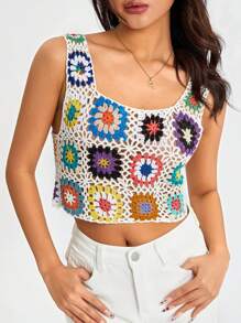 Womens Crochet Tank Top Knit Colorful Floral Embroidery Summer Boho Camisole Hollow Out Top - trắng - Xem 1