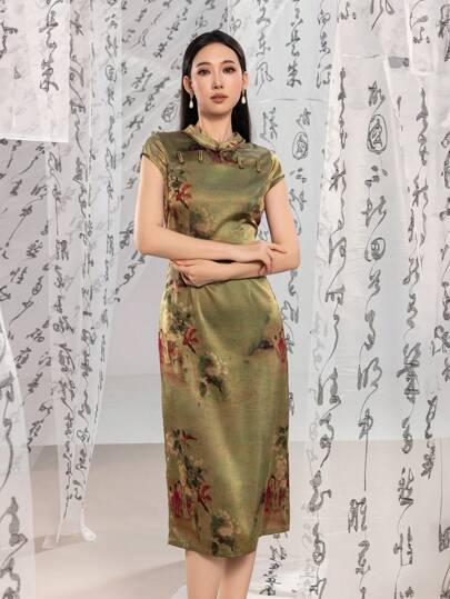 Short Sleeve Floral Designs Split Thigh New Chinese Style Cheongsam Qipao Dress
