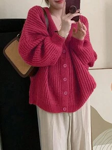 Alicedudu Simple Loose Single-Breasted Solid Color Long Sleeve Cardigan Sweater Jacket,Long Sleeve Tops - Hot Pink - View 4