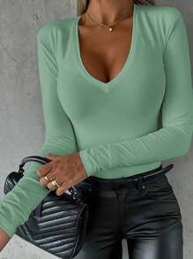 女士纯色 V 领长袖休闲上衣，日常穿着，春/秋