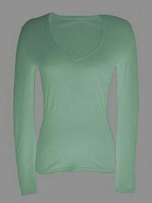 女士纯色 V 领长袖休闲上衣，日常穿着，春/秋