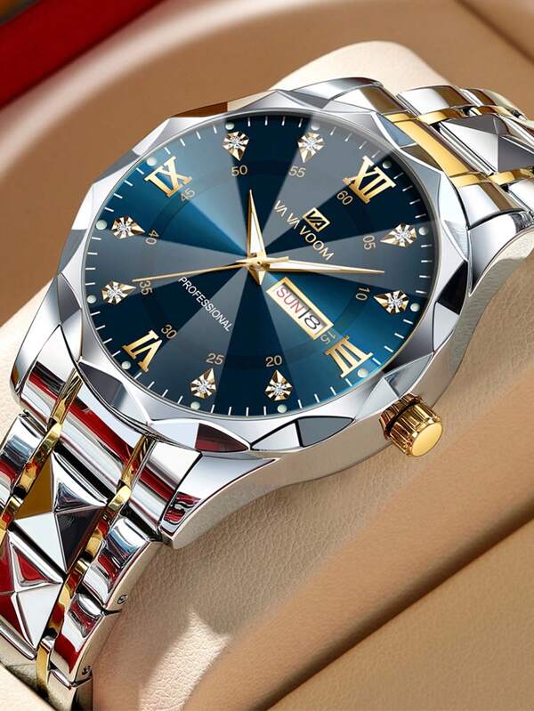 VA VA VOOM 1 pieza Reloj de lujo para hombre de cuarzo de 40 mm con diamantes incrustados en azul, oro, negro y plateado, estilo de negocios con calendario luminoso y remache - Reloj para hombre chapado en acero inoxidable como regalo