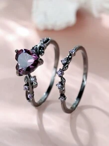 Tsnamer 2枚哥特式黑色金色结婚戒指订婚承诺斜心戒指哥特蓝/绿/黑色锆石戒指，适合女性、女孩日常佩戴，情人节、万圣节、节日珠宝礼物（独特斜心设计） - 戒指 - 查看 32