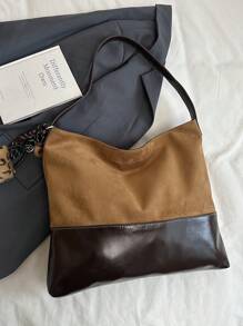 全新简约时尚拼布女士单肩包，大容量便携式手提包，适合旅行、度假、户外、商务、办公、节日、礼物、手机支架 - 棕色 - 查看 4