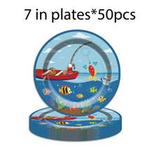 80 件/套海洋捕鱼主题一次性派对餐具套装，包括纸盘、甜点盘、纸杯、餐巾，适用于生日派对、家庭聚会 - 彩色 - 查看 7