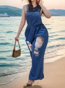 Women's Casual Baggy Adjustable Denim Bib Overalls Jeans Pants Jumpsuits - 深色水洗藍 - 查看 1