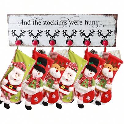 1pc Christmas Stocking Holder For Mantle, Wall Hanging Wooden Stocking Hangers For Mantel Fireplace With 6 Hangers, Collapsible And The Stockings Were Hung Christmas Stocking, Christmas Present HOME DECOR