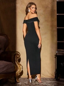 Fuaheng 圆领不对称花瓣袖收腰荷叶边下摆前开叉奢华串珠黑色礼服、派对礼服、婚礼宾客礼服、舞会礼服、校服 - 黑色 - 查看 2