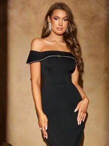 Fuaheng 圆领不对称花瓣袖收腰荷叶边下摆前开叉奢华串珠黑色礼服、派对礼服、婚礼宾客礼服、舞会礼服、校服 - 黑色 - 查看 6