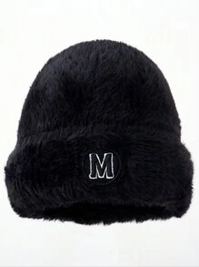 1頂女士冬季針織帽，帶耳暖和刺繡字母圖案，適用於日常穿著和戶外