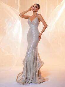 女士银色细肩带亮片不对称奢华晚礼服，优雅正式舞会礼服，适合婚礼宾客、毕业典礼、晚宴、派对礼服