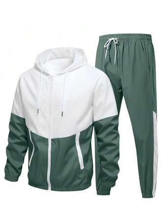 Men's Tops And Pants Two-Piece Sportswear Contrast Color Hooded Jacket And Sweatpants Casual, Fall Clothes