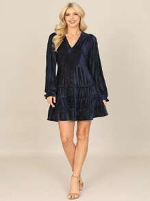 Midnight Velvet V-Neck Long Sleeve Silver Lining Ruffle Dress - MIDNIGHT VELVET - View 3