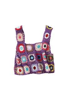 Womens Crochet Tank Top Knit Colorful Floral Embroidery Summer Boho Camisole Hollow Out Top - Purple - View 2