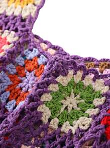 Womens Crochet Tank Top Knit Colorful Floral Embroidery Summer Boho Camisole Hollow Out Top - Purple - View 6