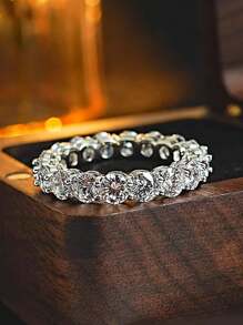 1pc S925 Sterling Silver Women's Ring, Full CZ Stone Stackable Ring For Index Finger, Wedding/Party/Festival Hand Accessory - Halo Ring - View 6