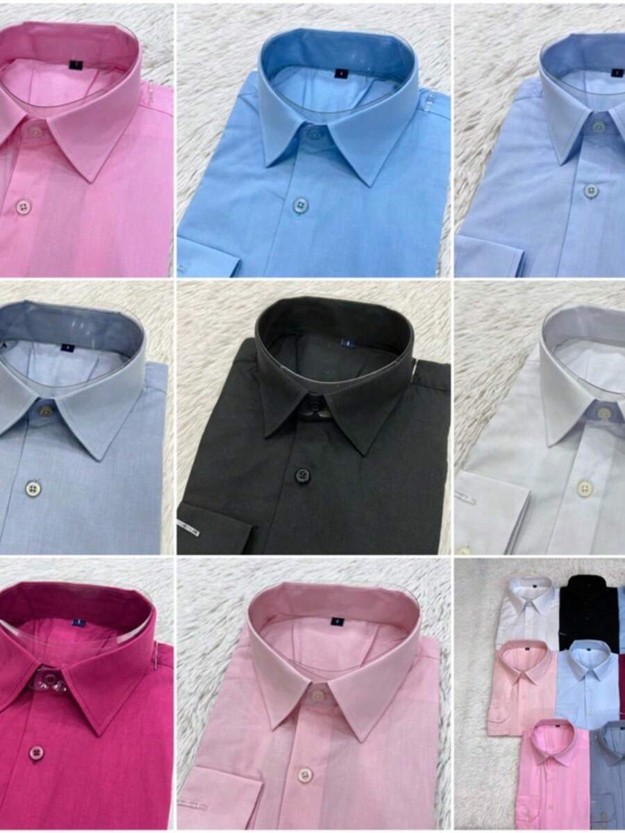 2-Piece Kit Men's Plain Slim Fit Dress Shirt Lined Type Cotton Fabric Long Sleeve No Pocket Made In China(Black + Choose) - Grey - View 1