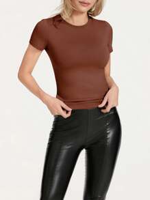 Women Fashion Wild T-Shirts Solid Color Round Neck Long Sleeve Bottoming Shirts Spring Autumn Slim Fit Streetwear - Brown - View 9