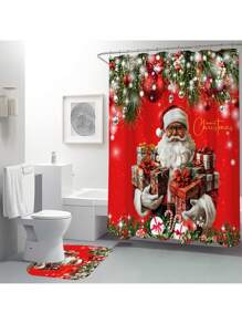 1 件/4 件圣诞老人浴帘套装，防水浴帘，带 12 个挂钩，浴室地毯，马桶 U 型垫，马桶盖，浴室隔断，浴室配件，浴室装饰 - 彩色 - 查看 3