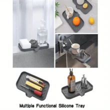 1 khay rửa chén bằng silicon, khay đựng xà phòng có đầu xả, dụng cụ cọ rửa bồn rửa mặt, miếng lót xả nước cho miếng bọt biển và xà phòng, đồ dùng nhà bếp và phòng tắm gia dụng (Xám-M/L) - Xám - Xem 4